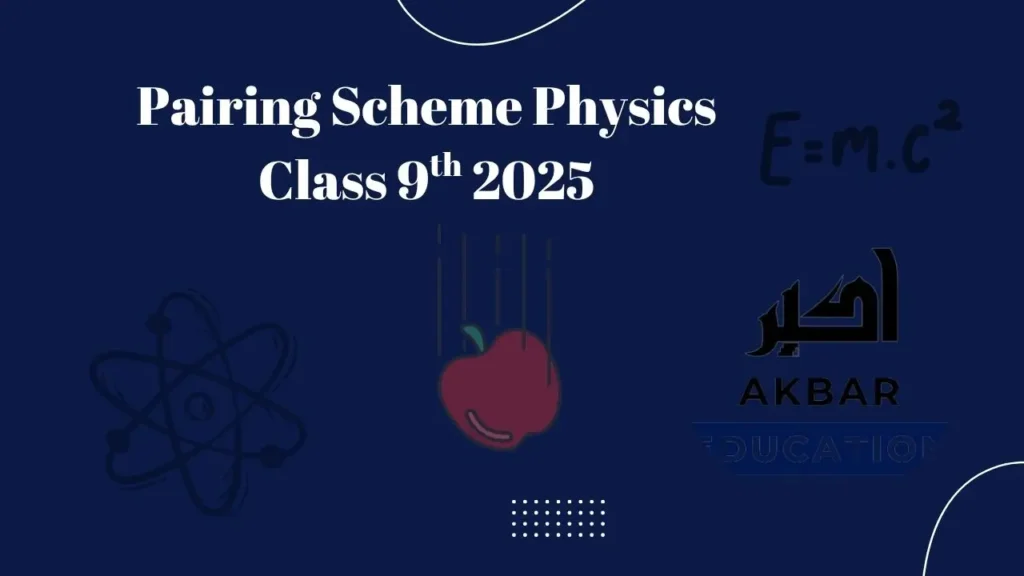 feature image for 9th class physics pairing scheme 2025 . this image contain test and graphics of falling apple, mass energy equation and logo of Akbar education.