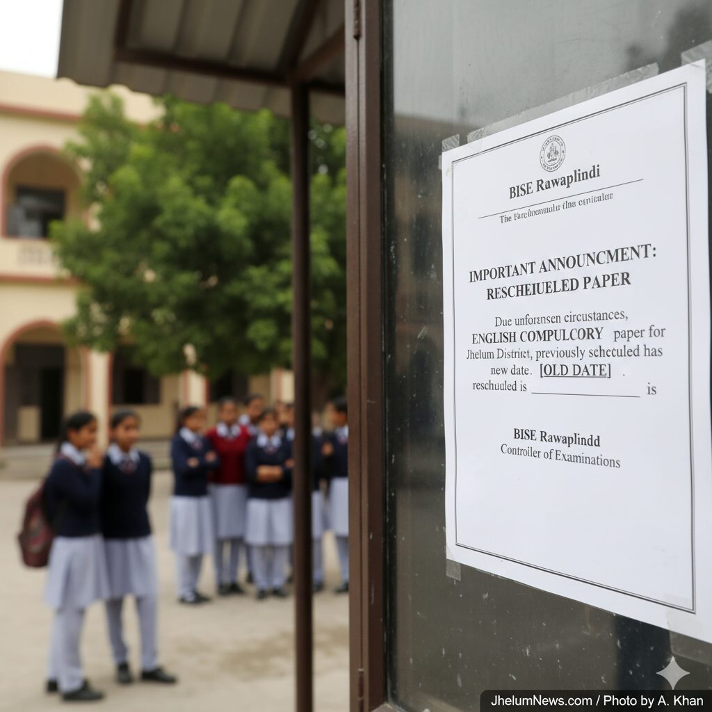 A close-up of an official notice from BISE Rawalpindi announcing the rescheduling of the English Compulsory paper for Jhelum students, displayed prominently on a notice board outside what appears to be a school, with students visible in the blurred background.