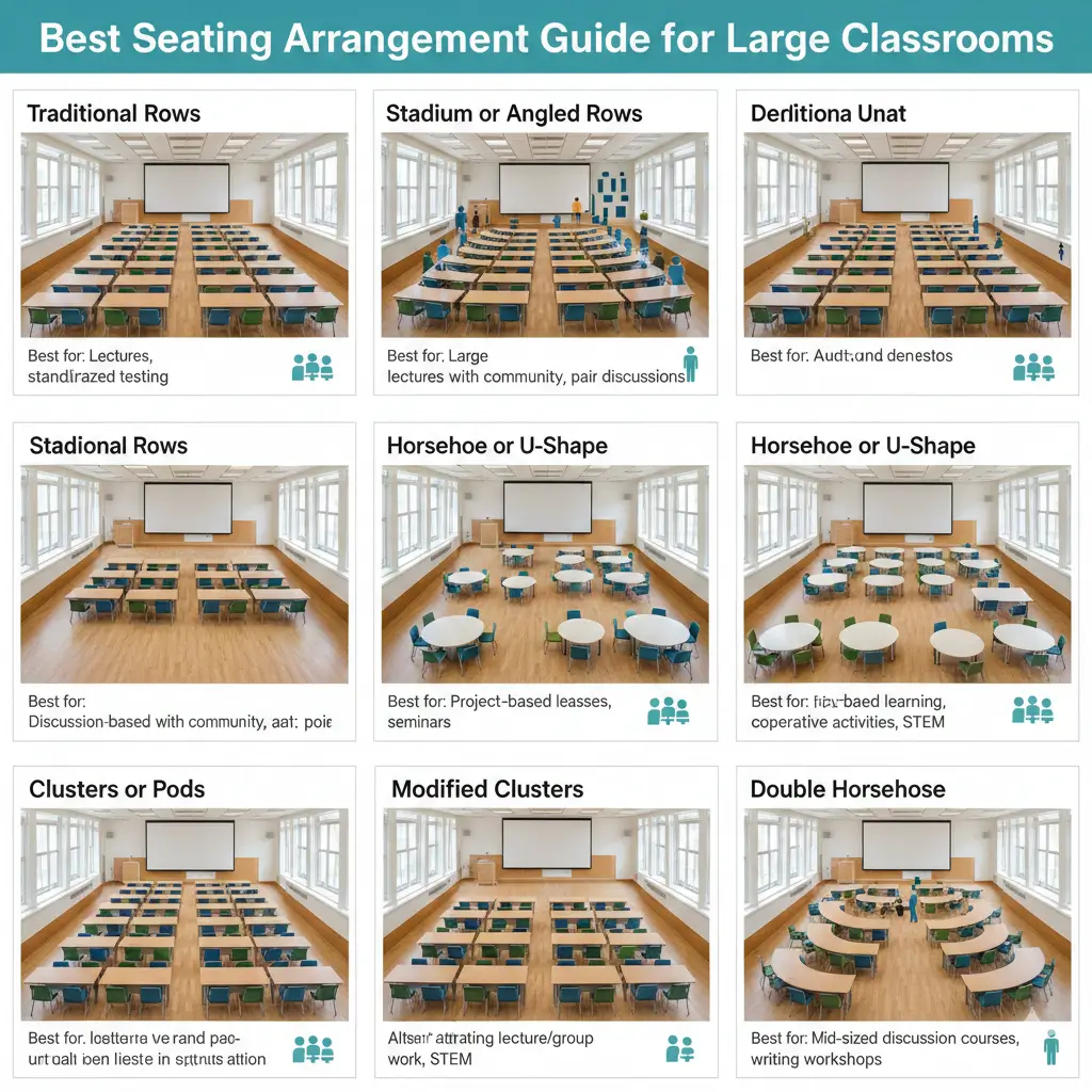 A comprehensive infographic showing nine different seating arrangement options for large classrooms, including rows, clusters, and U-shapes.