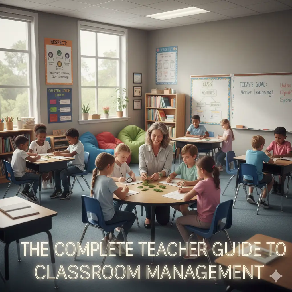 a schoolteacher and student in a classroom. Complete guide to effective classroom management.