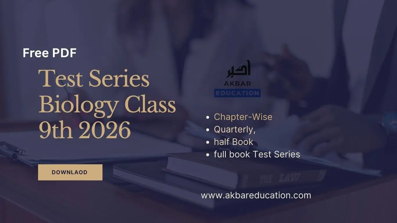 The image, which highlights the text "Test series Biology Class 9th 2026," also contains the logo and website link of Akbar Education.