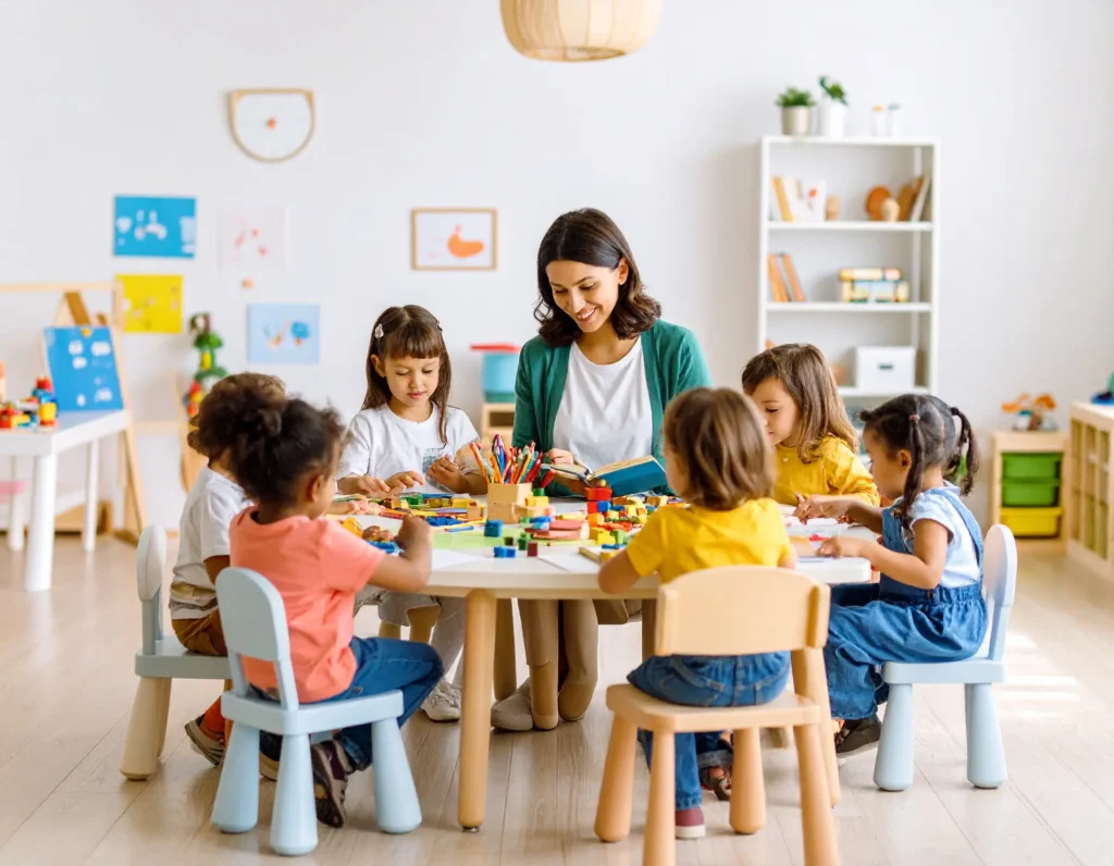 Firefly_A warm, inviting preschool classroom with young children (ages 3–5) engaged in