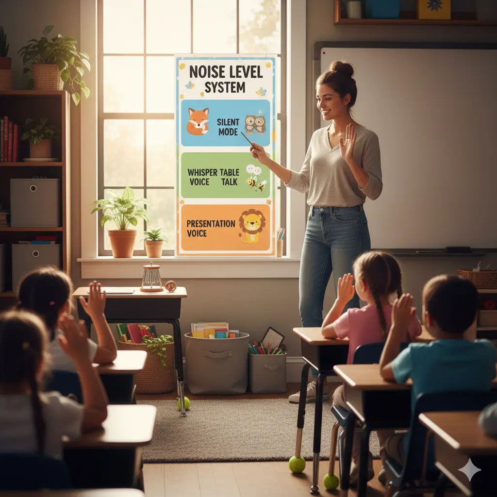 A smiling female teacher pointing to a large classroom rules poster; elementary school students sitting at colorful desks looking at their teacher; "Essential Classroom Rules" infographic featuring icons for respect, listening, and preparation; a diverse group of students in a bright, modern classroom. effective to reduce classroom noise.