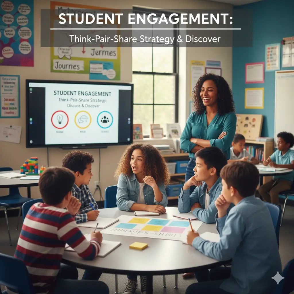 High school students participating in a Think-Pair-Share discussion with a teacher facilitating in a bright, student-centered classroom environment and student engagement.