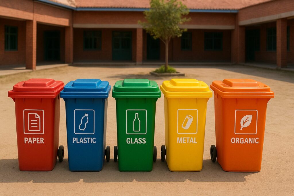 Punjab Launches Smart Waste Management in Schools iamge shows five colored bins