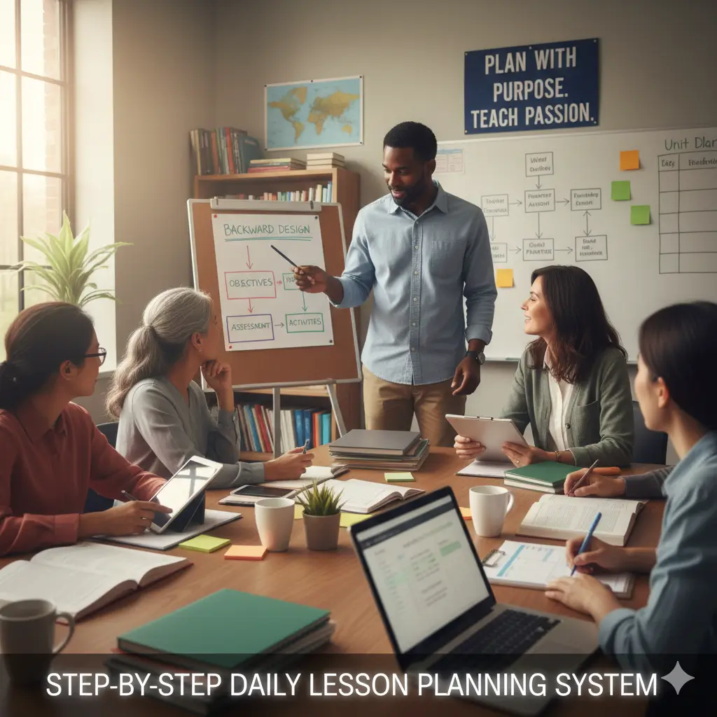 A female teacher sitting at a round table with primary school students, guiding them through a hands-on activity with leaves and magnifying glasses in a bright, organized classroom. discussing lesson planning.