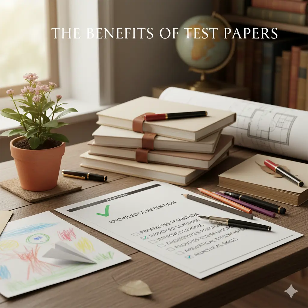 A cozy desk scene featuring stacked brown notebooks, a drawing of a paper airplane, pens, pencils, and a blueprint, with the text "THE BENEFITS OF PAPER" overlayed.