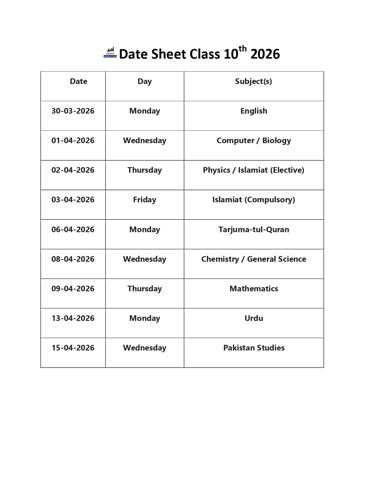 Date sheet 10th 2026