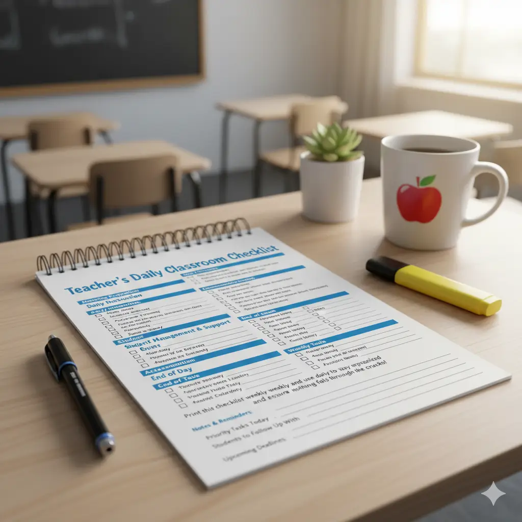 A comprehensive Teacher Toolkit Daily Classroom Checklist spiral-bound notebook on a school desk with a tablet showing free and premium options.